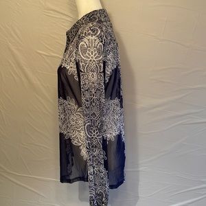 INC INTERNATIONAL CONCEPTS BUTTON UP SHEER BLOUSE NAVY BLUE WITH WHITE LACE LOOK